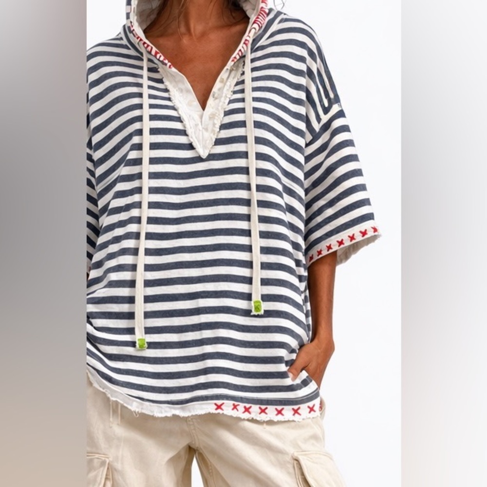 Oversized Organic Cotton Hooded Top, Star Appliqué Striped Boho Unisex Hoodie - Picture 10 of 14